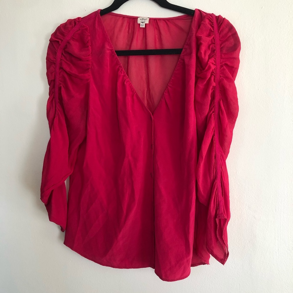 Wilfred Aritzia 100% Silk V-Neck Blouse Magenta Puff Sleeve M